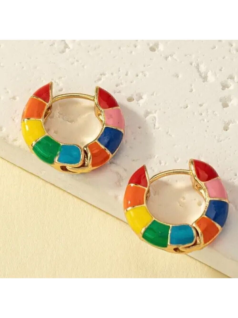 Rainbow Multi-color Enamel Huggie Earrings Medium Hoop #1343